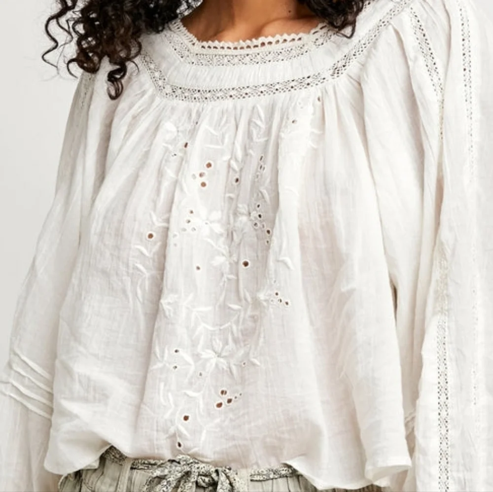 FREE PEOPLE White Cotton Blouse Lace Eyelet Reversible XS